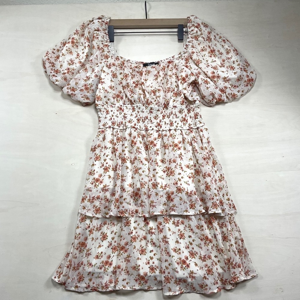 Trixxi Floral Puff Sleeve Mini Dress Smocked Waist Tiered Ruffle Cottagecore L